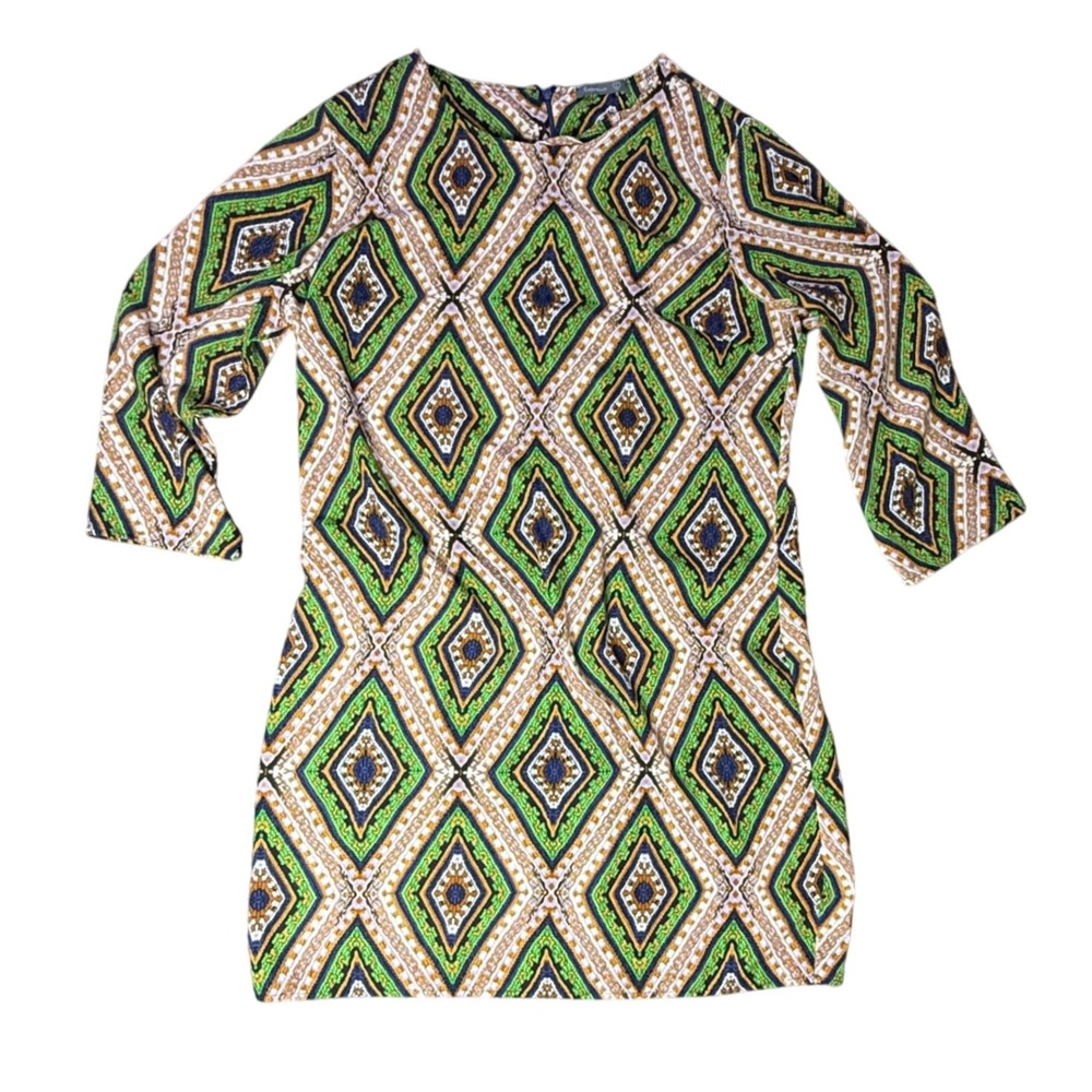 Soprano Mini Dress Diamond Print 3/4 Sleeve Casual Green Brown Size L